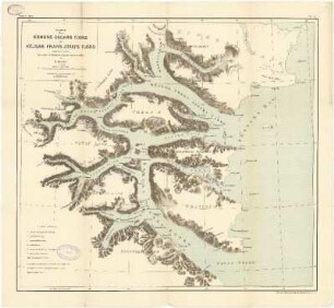 Karta öfver Konung Oscars Fjord och Kejsar Frans Josefs Fjord : upprättad under Svenska Grönlandexpeditionen 1899 af P. Dúsen. Astronomiska ortsbestämningarna af F. Åkerblom