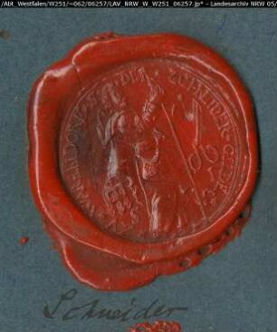 Siegler: Warendorf, Schneider-Zunft Überlieferungsart: Abdruck. Stoff: Lack Farbe: rot Form: rund. Durchmesser: 43 mm