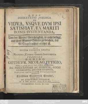 Dissertatio Jvridica De Vidva, Vsque Dvm Ipsi Satisfiat, Ex Mariti Bonis Svstentanda