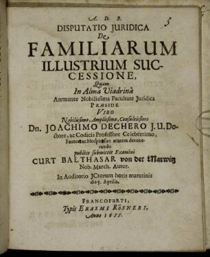 Disputatio Iuridica De Familiarum Illustrium Successione