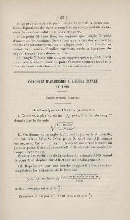 Concours d'admission a l'École Navale en 1890.