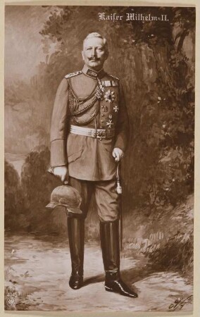 Postkarte mit Porträt von Kaiser Wilhelm II. vor Landschaftskulisse