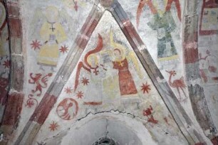 Gewölbe mit Darstellung von Engeln, Bischöfen und Tieren — Engel eine Inschrift haltend, flankiert von Pelikan, Adler und Kämpfern