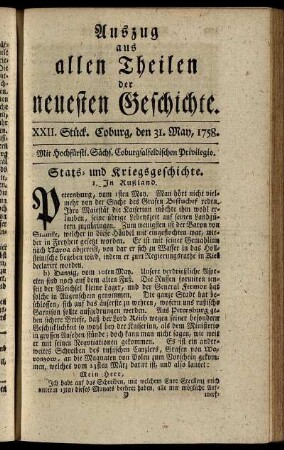 XXII. Stück. Coburg, den 31. May. 1758.