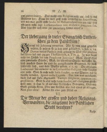 VI. Die Menge der grossen und hohen Religions-Verwandten, die insgesamt den Päbstlichen Stuhl verehren?