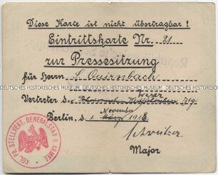 Presseausweis des Königlich Preußischen stellvertretenden Generalstabes für einen Journalisten der Weser-Zeitung, mit einem Stempel der Republikanischen Schutztruppe