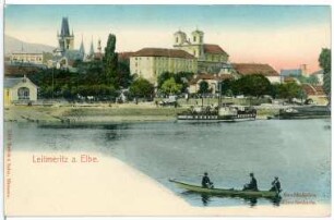 Leitmeritz. Blick über die Elbe mit Dampfer "Pirna" zu Rathaus und Jesuitenkolleg