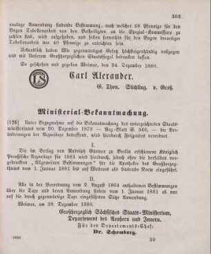 126. Ministerial-Bekanntmachung, die Veränderungen der Arzneitaxe betreffend