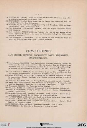 Verschiedenes. Alte Geräte, Bestecke, Instrumente, Dosen, Necessaires, Rosenkränze etc. (Nr. 242-279)