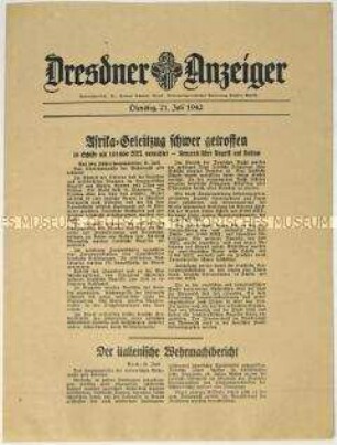 Nachrichtenblatt "Dresdner Anzeiger" mit Meldungen des Oberkommandos der Wehrmacht und des italienischen Oberkommandos u.a. zum U-Boot-Krieg