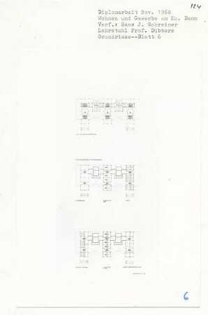 Wohnen und Gewerbe am Kurfürstendamm, Berlin-Charlottenburg (Diplomarbeit bei Kurt Dübbers): Wohnen, Gewerbe, Luftgeschoss, Grundrisse 1:500
