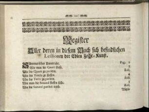 Register. Aller deren in diesem Buch sich befindlichen Lectionen der Edlen Fecht-Kunst.