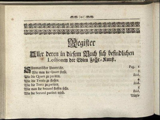 Register. Aller deren in diesem Buch sich befindlichen Lectionen der Edlen Fecht-Kunst.