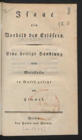Isaac ein Vorbild des Erlösers : Eine heilige Handlung von Metastasio