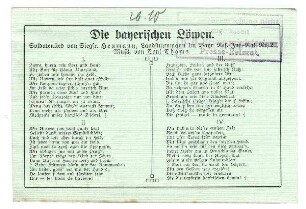 Postkarten mit Liedertexten: Die bayerischen Löwen (verboten, mit Zensurvermerk 26.10.1916)