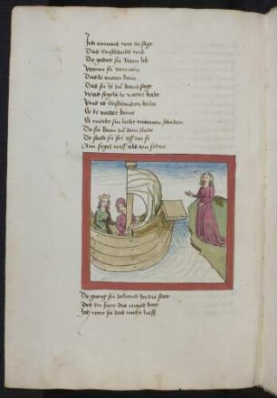Isalde begleitet den von Tristrant gesandten Boten auf dem Schiff, Isalde II wartet am Ufer.