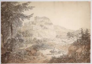 Ansicht von Oybin mit Klosterruine, sepiagetönte Umrissradierung, 1810 : [Oybin] / [Adrian Zingg]. - [S.l.] , [ca. 1810?]. - 1 Kunstbl. : getönte Radierung ; 43 x 30 cm