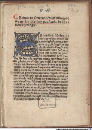 Tabula de Arte morie[n]di Maistri joha[n]nis gerson ca[n]cellarij parisiensis doctoris sacre theologie