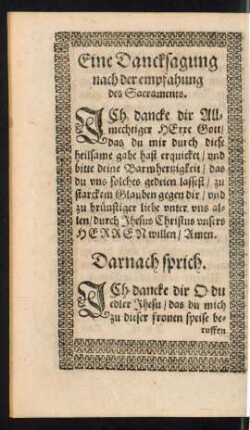 Eine Dancksagung nach der empfahung des Sacraments.