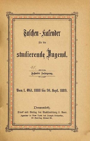 Taschen-Kalender für die studierende Jugend. 11. 1888/89