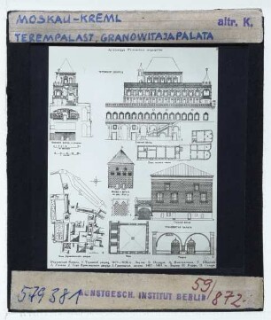 Moskau, Kreml,Moskau, Kreml, Granovitaja Palata / Facettenpalast (Грановитая палата),Moskau, Terempalast (Теремной дворец) : Seitenfassade, Querschnitt, Hauptfassade, Details, Grundrisse, Plan