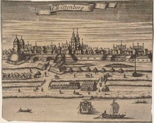 Stadtansicht von Wittenberg über die Elbe mit Fähre (heute Sachsen-Anhalt)