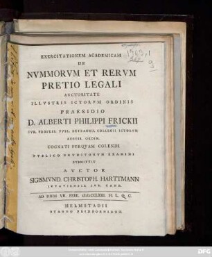 Exercitationem Academicam De Nvmmorum Et Rervm Pretio Legali