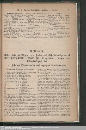 II. Abschnitt. Postverkehr im Allgemeinen, Posten und Eisenbahnzüge (nebst Brief-Porto-Tarif), ...
