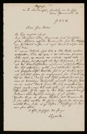 Nr. 15: Brief von Paul de Lagarde an Jakob Freudenthal, in einer Abschrift von Anna de Lagarde, Göttingen, 31.7.1876