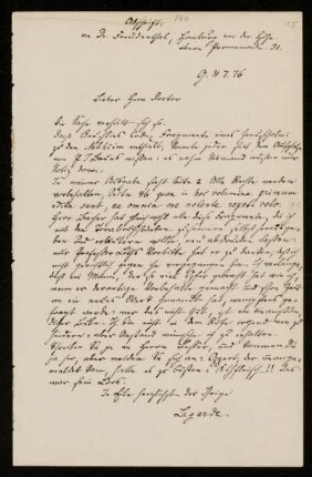 Nr. 15: Brief von Paul de Lagarde an Jakob Freudenthal, in einer Abschrift von Anna de Lagarde, Göttingen, 31.7.1876