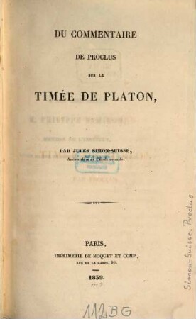 Du commentaire de Proclus sur le Timée de Platon