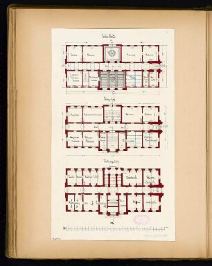 Rathaus, Calau Monatskonkurrenz März 1879: Grundriss Keller, Erdgeschoss, Obergeschoss; Maßstabsleiste
