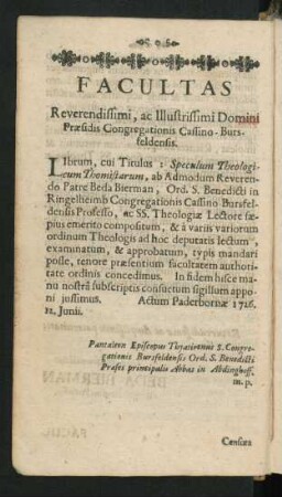 Facultas Reverendissimi, ac Illustrissimi Domini ...