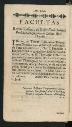 Facultas Reverendissimi, ac Illustrissimi Domini ...