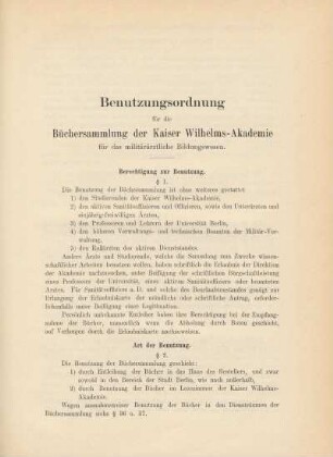 Benutzungsordnung für die Büchersammlung der Kaiser Wilhelm-Akademie für das militärärztliche Bildungswesen