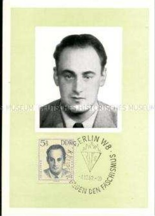 Gedenkkarte für den belgischen Widerstandskämpfer René Blieck, mit Briefmarke und Sonderstempel