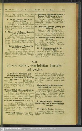 XIII. Genossenschaften, Gesellschaften, Anstalten und Vereine