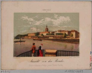 Blick von der Elbbrücke (alte Augustusbrücke, 1727-31 von Pöppelmann) nach Südosten auf die Altstadt mit Brühlscher Terrasse und Frauenkirche