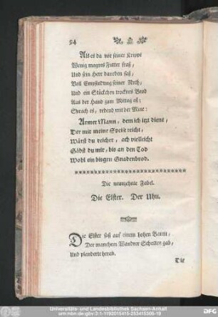 Die neunzehnte Fabel. Die Elster. Der Uhu.