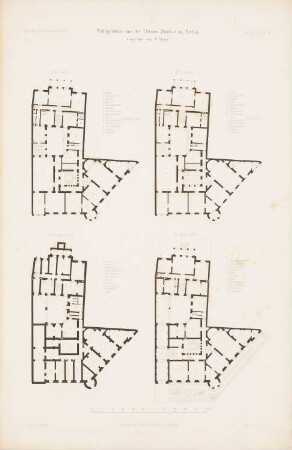 Wohngebäude Viktoriastraße, Berlin: Grundriss Keller, EG, 1.OG, 2.OG (aus: Atlas zur Zeitschrift für Bauwesen, hrsg. v. G. Erbkam, Jg. 9, 1859)