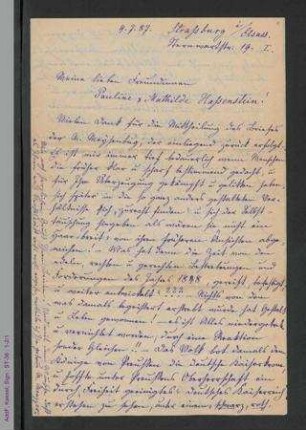 Brief von Marianne Menzzer an Pauline und Mathilde Hassenstein, hs.