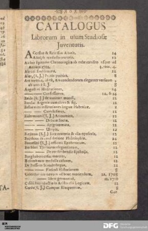 Catalogus Librorum in usum Studiosæ Juventutis.