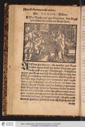 Die XXXIIII. History Wie Vlenspiegel gen Rom kam/den Bapst zu besehen/der jn für ein Ketzer hielt