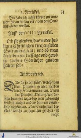Auff den VIII. Artickel