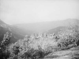 Im Gebirge : Blick über eine Bergkuppe auf ein Gebirge mit Bergdorf