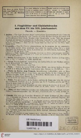 I. Flugblätter und Einblattdrucke aus dem XV. bis XIX. Jahrhundert (Nr. 1 - 459)