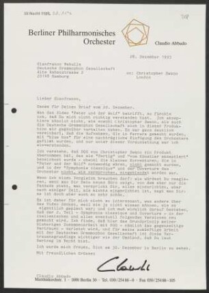 Brief an Gianfranco Rebulla an Deutsche Grammophon-Gesellschaft, 28.12.1993