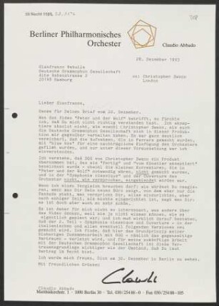 Brief an Gianfranco Rebulla an Deutsche Grammophon-Gesellschaft, 28.12.1993
