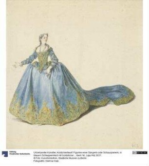 Kostümentwurf: Figurine einer Sängerin oder Schauspielerin, in blauem Schleppenkleid mit Goldstickerei