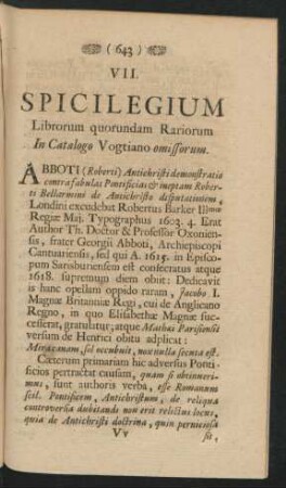VII. - Spicilegium librorum quorundam rariorum in Catalogo Vogtiano omissorum